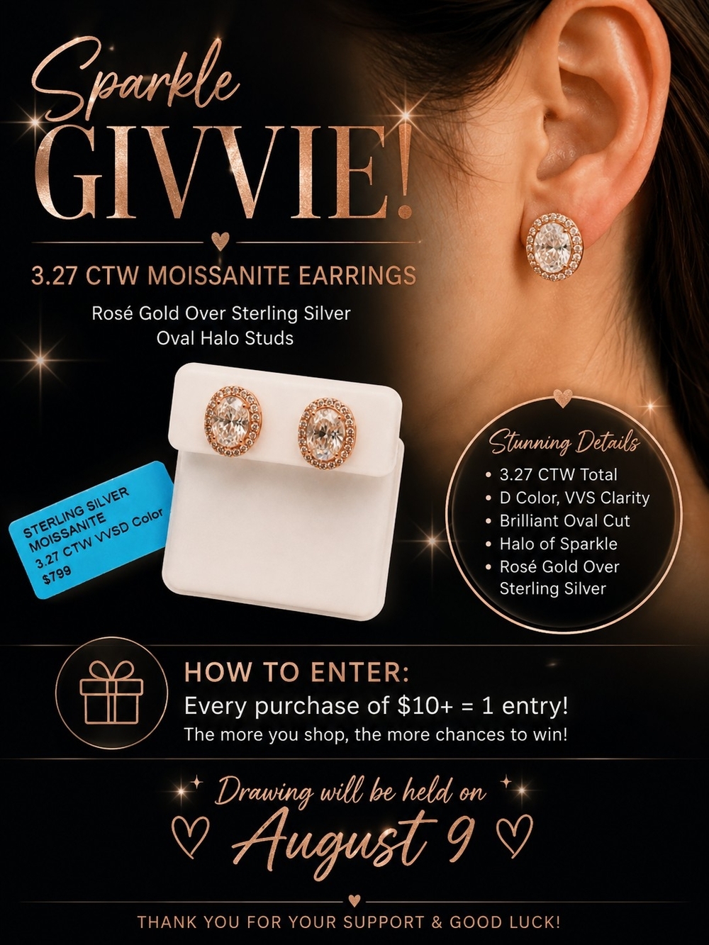 Moissanite GIVVIE! 3.27 CTW Rose Gold Over Sterling Silver Earrings $799 Retail